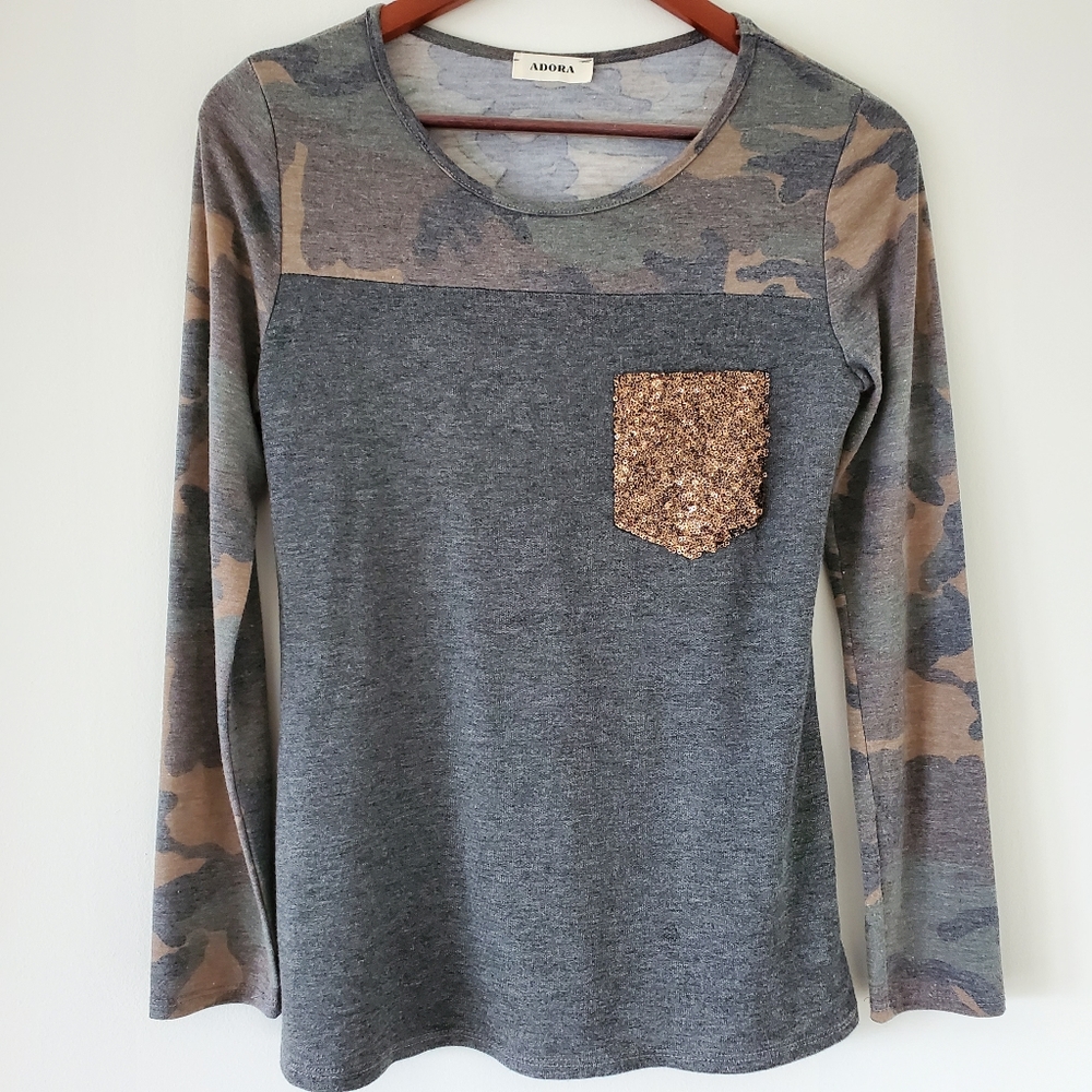 Adora camo/gray long sleeve top w sequin p…
